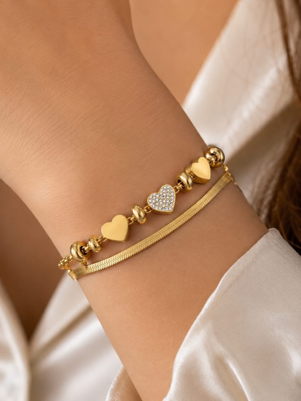Gold Heart Bead Bracelet with Pavé Accent